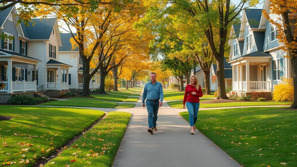 Vibrant Muskegon neighborhood in early autumn, healthy green lawns, happy homeowners walking, picturesque tree-lined street with swirling leaves, fall clean-ups & aeration in Muskegon
