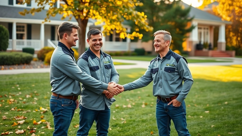 Friendly Northern Lawn Care team shaking hands with Muskegon homeowner, fall clean-ups & aeration specialists delivering five-star local care