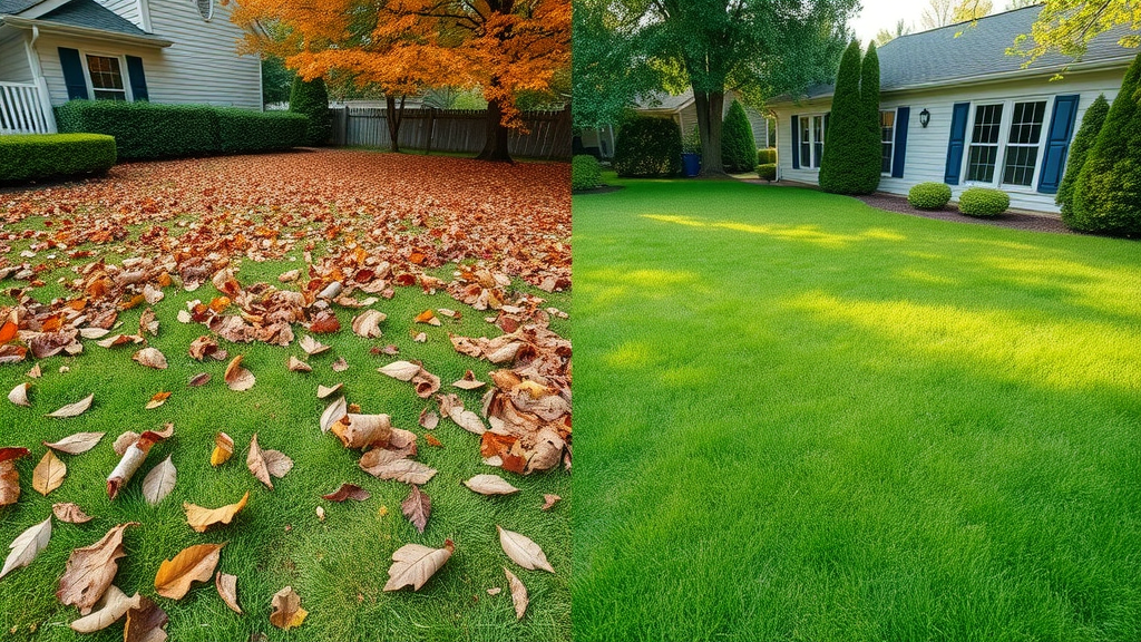 Dramatic before and after of Muskegon lawn, fall clean-up & aeration, patchy grass versus lush green, seasonal lawn maintenance